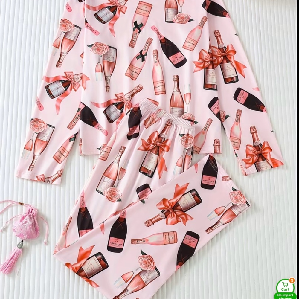 Pink Champagne Bottle Print Pajama Set